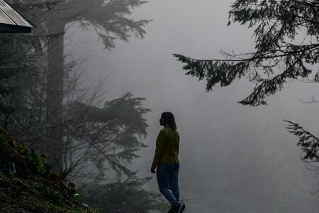 woman standing alone in foggy forest