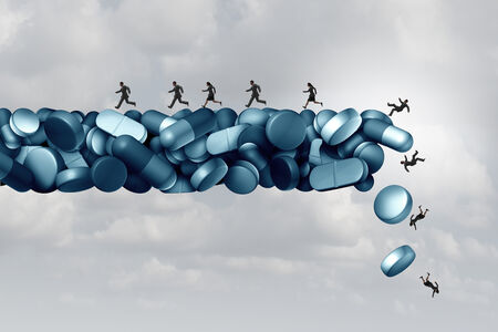 illustration showing people falling over the edge of a ledge made of pills