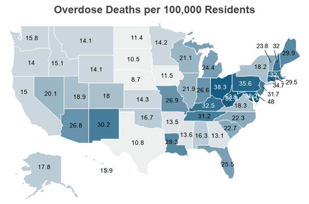 Overdose Deaths per 100,000 residents
